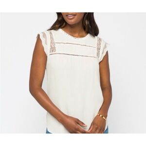 Daniel Rainn White Lace Trim Cap Sleeve Blouse Top boho rayon women Size S‎
